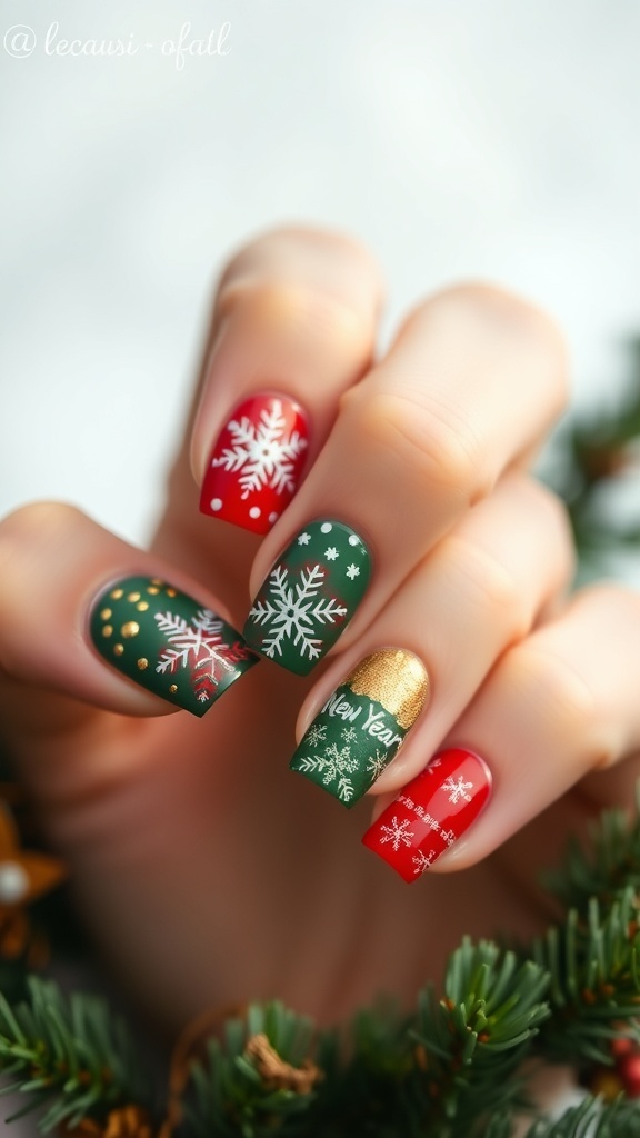 Festive Short Christmas and New Year Short nails painted in red and green with snowflakes and glitter for Christmas and New Year